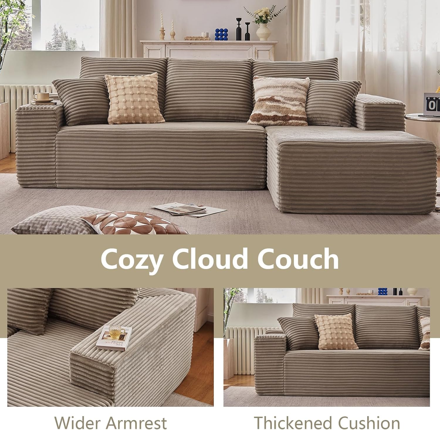 107' Cloud Sectional Couch with L-Shape Chaise, Modern Modular Comfy Sofa Chaise Longue, Upholstered Corduroy Couches Sleeper with Deep Seat for Living Room Bedroom, No Assembly Required, Camel