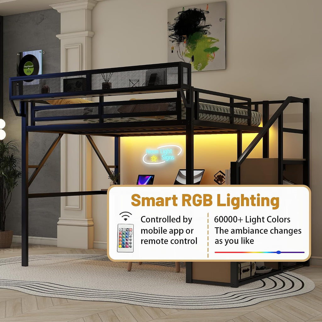 Queen Loft Bed with Desk, Stairs and Charging Station, Metal High Gaming Loft Bed Queen Frame with Storage Shelves, RGB Light & Closet, Heavy-Duty Beds for Adults,Teens, Kids, Black