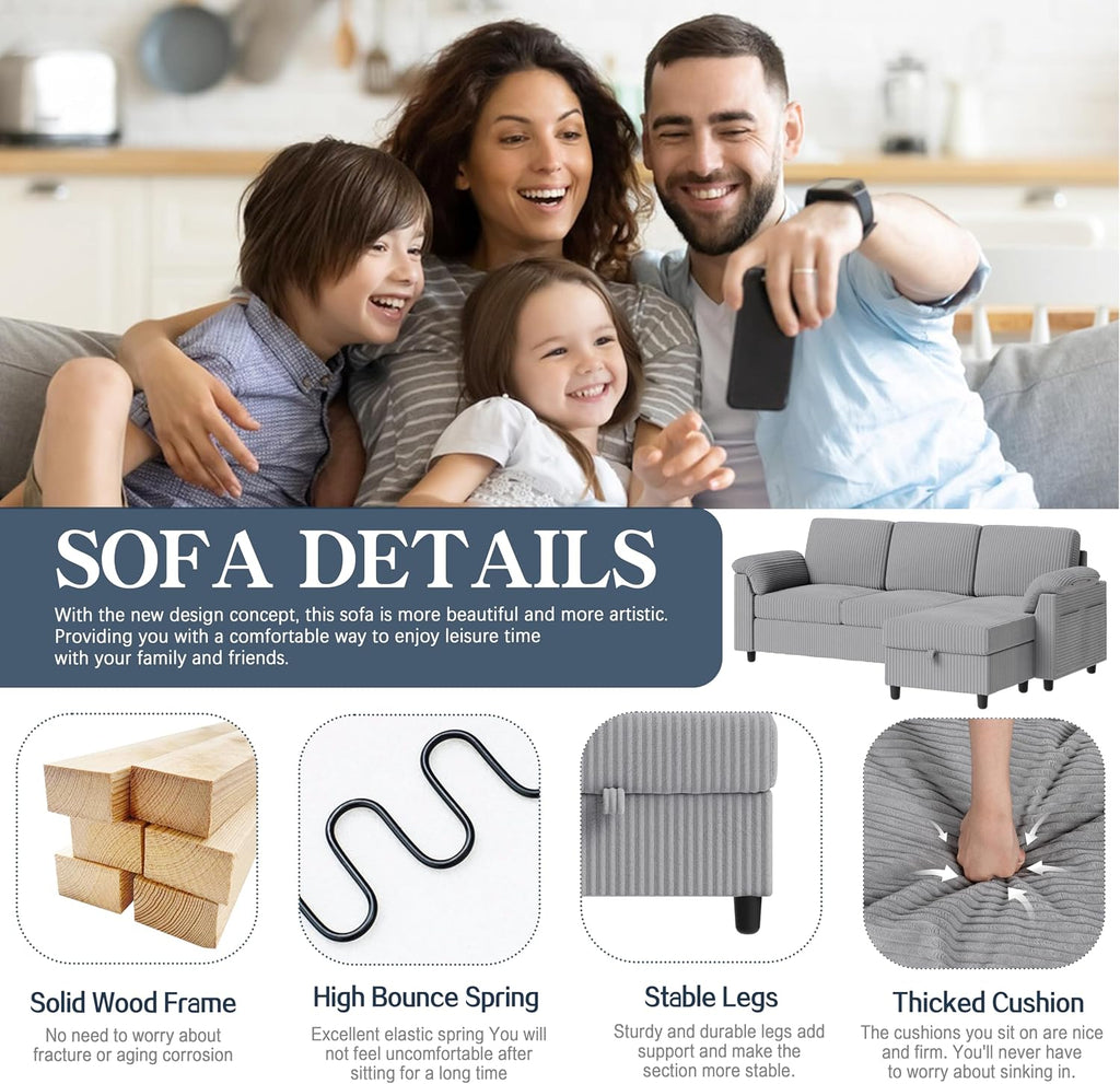 Sectional Sofa Couch for Living Room, 79' Sectional Couches with Storage Ottoman, L Shaped Couch with Sloping Armrests, 3-Seat Sofa Couches for Small Space, Light Grey | Breathable Material