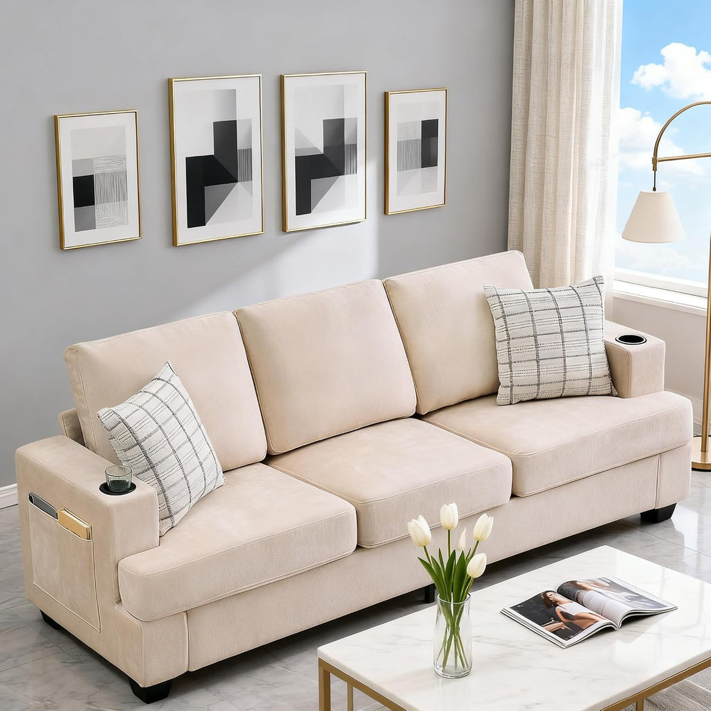 GarveeHome Modern 89 in 3-Seater Sofa for Living Room, Comfy Couches with Deep Seat, Chenille Couch with Cup Holders and Side Storage Pockets for Apartment Lounge, Beige