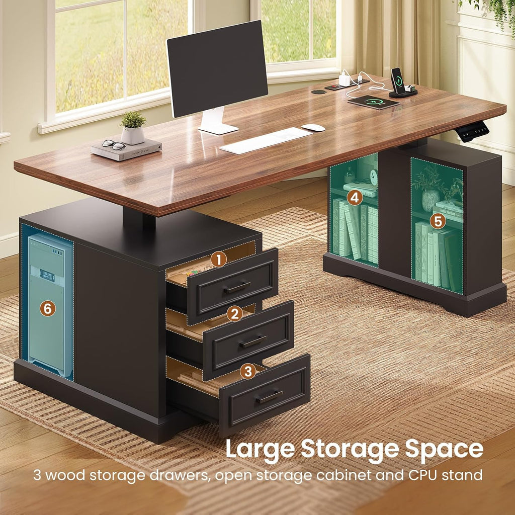 SEDETA Farmhouse Electric Standing Desk, 63' Height Adjustable Computer Desk with 3 Drawers, Storage Shelves, Power Outlets, Wood Home Office Stand up Desk for Work, Study, Writing, Black