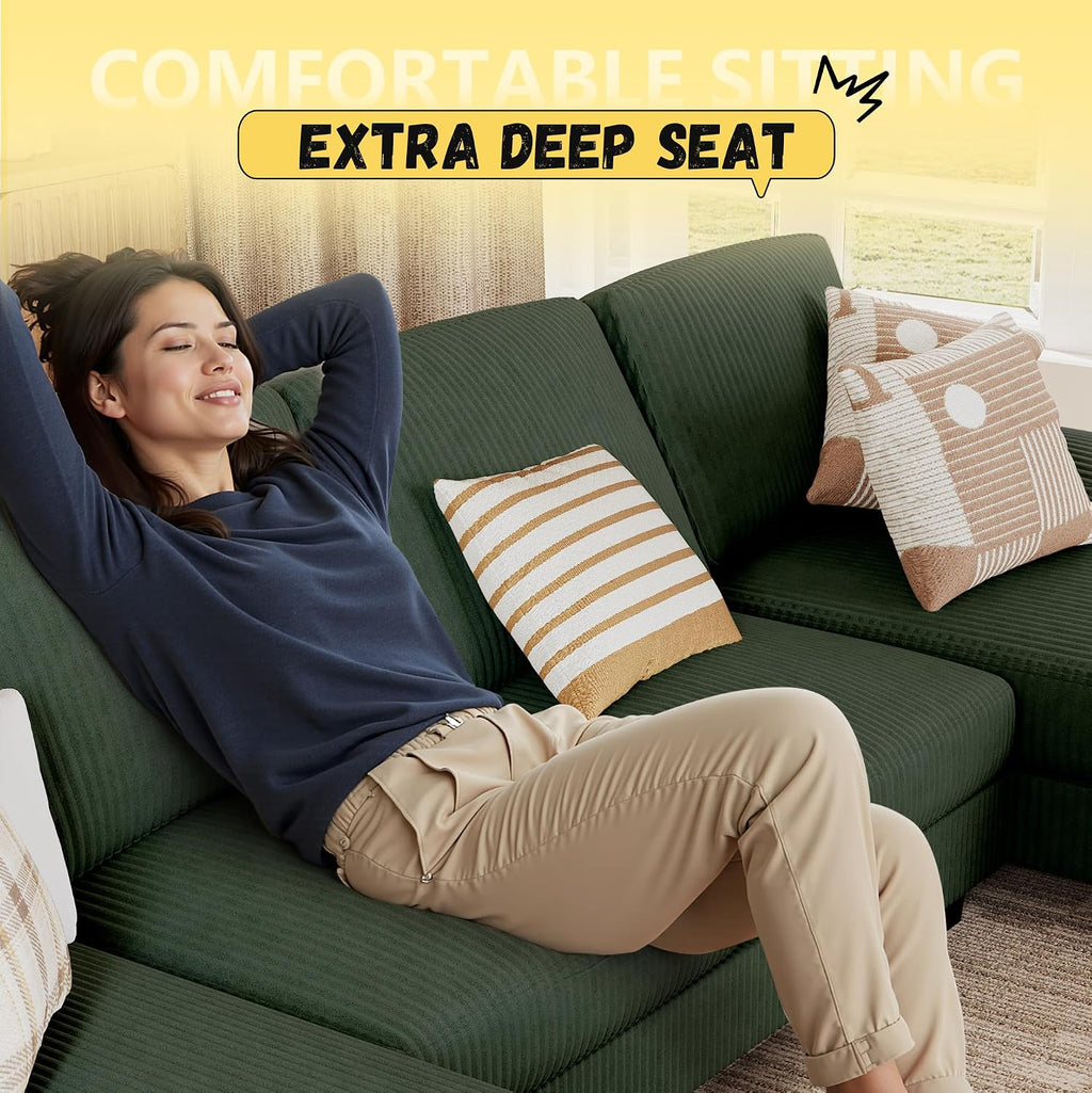 JUMMICO Sectional Couches for Living Room, U Shaped Couch with Chenille Fabric, 4 Seat Modern Sofa with Removable Pillows for Apartment and Small Space (Corduroy, Light Green)