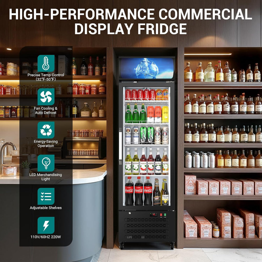 ETL & DOE Certified Commercial Beverage Refrigerator 14.8 Cu Ft, Commercial Display Fridge with Glass Door, Upright Merchandiser Refrigerator Cooler with Front LED Light for Stores, Restaurant, Office