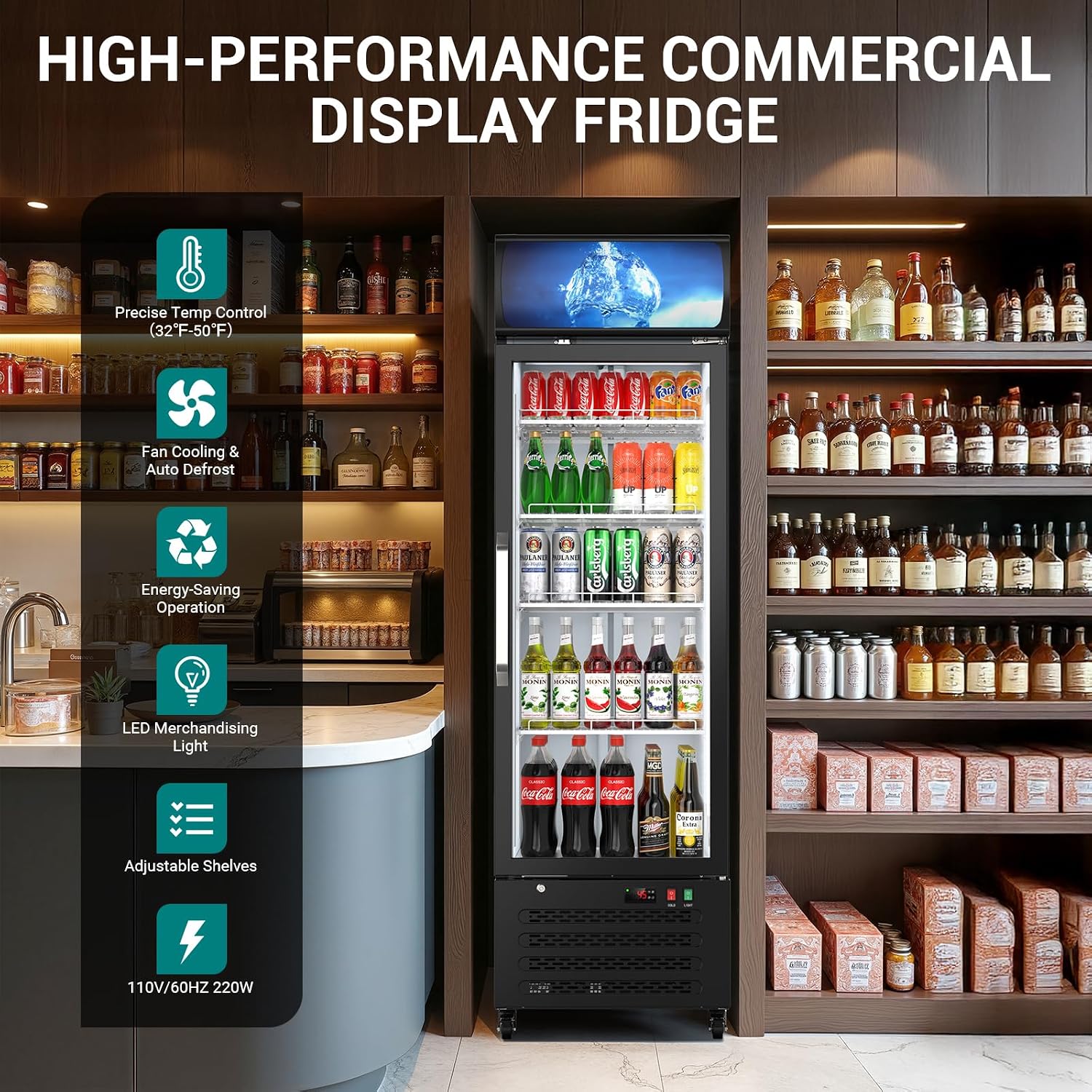 ETL & DOE Certified Commercial Beverage Refrigerator 14.8 Cu Ft, Commercial Display Fridge with Glass Door, Upright Merchandiser Refrigerator Cooler with Front LED Light for Stores, Restaurant, Office