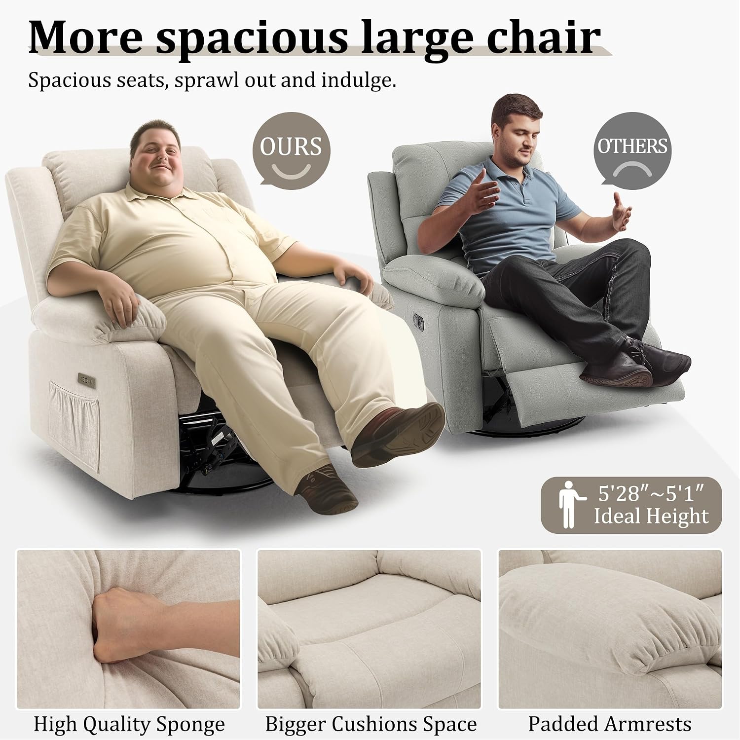 Korser Power Recliner Chair, Electric Rocker Recliner with Massage and Heat, 270° Swivel Glider, Oversized Wide Seat with USB Port, Cashmere Nursery Chair for Living Room, Beige