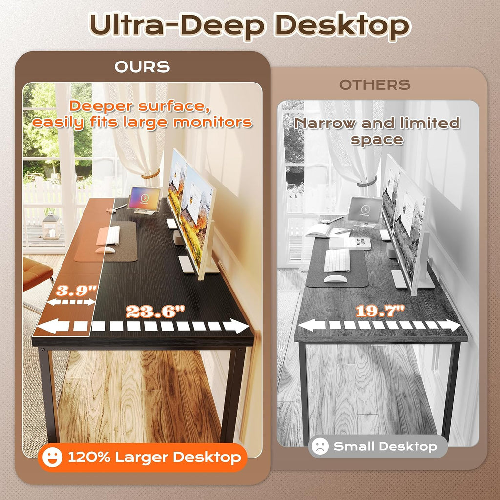 Huuger 63 x 24 inch Desk with Power Outlets & USB-C, Deeper & Thicker Desktop, Robust Metal Tubes, Computer Desk, Heavy Duty Office Desk, Work Gaming Desk, for Home Office, Black