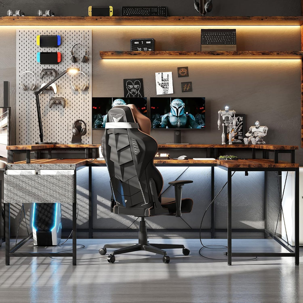 U Shaped Desk with Power Outlets, USB Ports & RGB LED Lights, 79 Inch Large Corner Computer Desk with Monitor Stand, Reversible Gaming Desk for Home Office, Ergonomic Workstation (Rustic Brown)