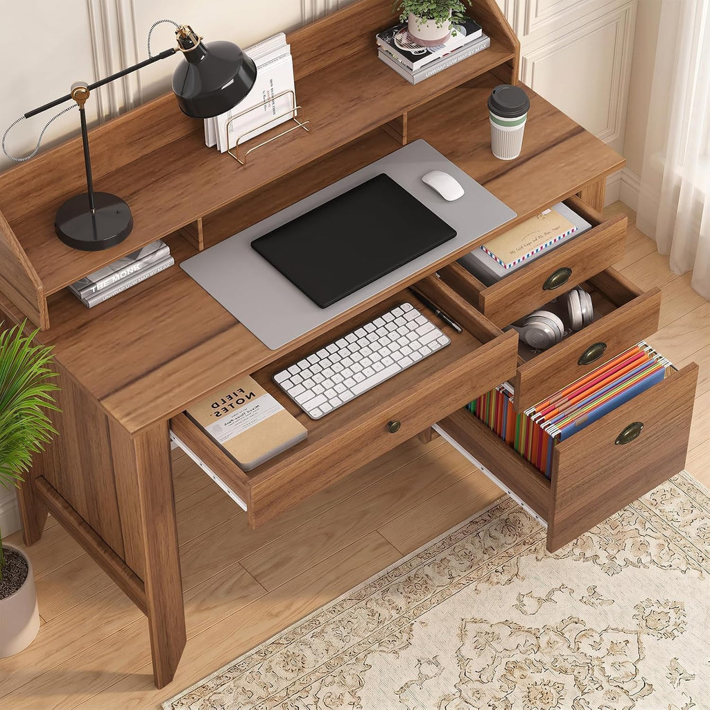 4 EVER WINNER Small Desk with Drawers, 47'' Wooden Desk with Monitor Stand and File Drawer, Computer Desk with Storage for Bedroom, Living Room, Small Spaces, Walnut