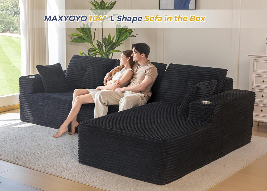MAXYOYO 104' Modular Sectional Couch with L-Shape Chaise, Modern Boneless Couch for Living Room, Sofa in A Box, Oversized Sofa Sleeper with Deep Seat, No Assembly Required, Black