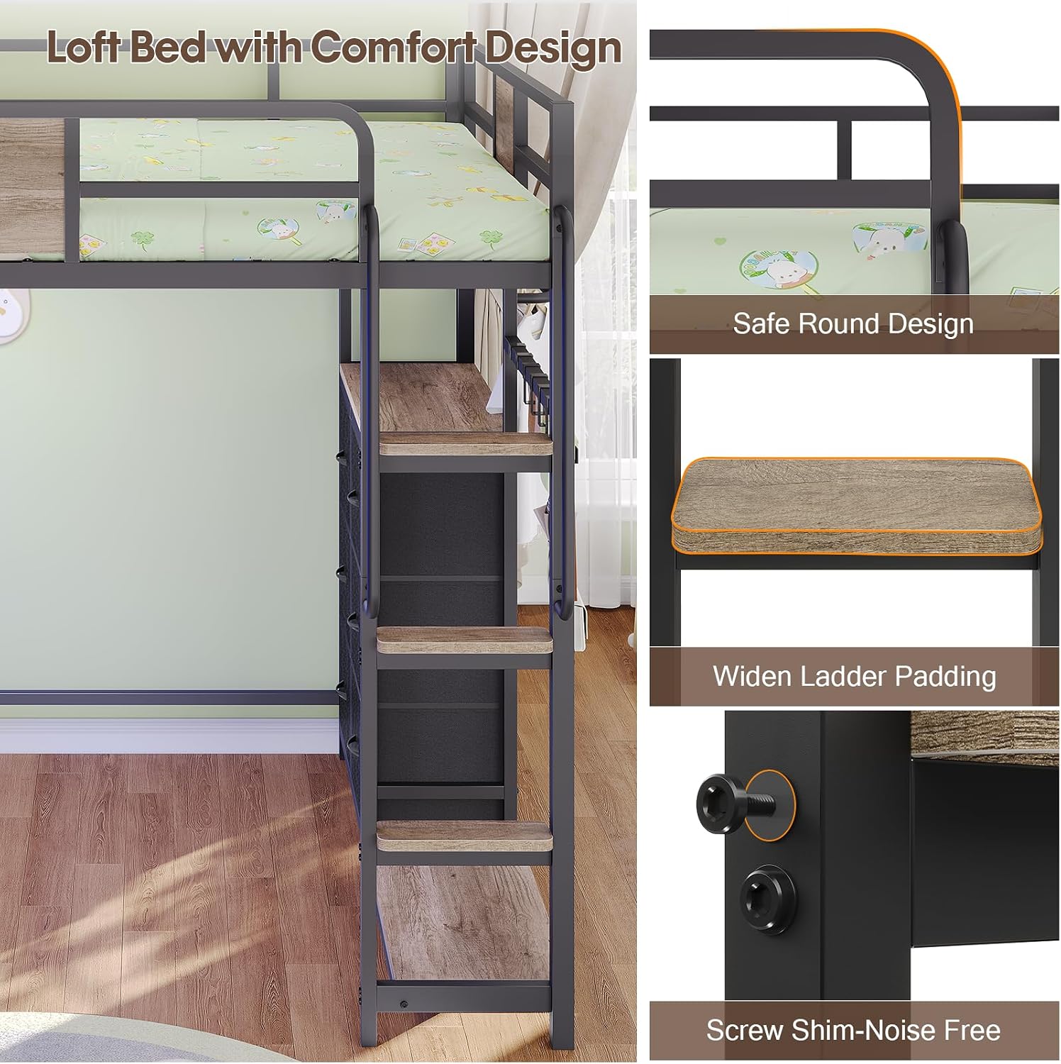 Dnxao Full Size Loft Bed with Desk, Heavy Duty Metal Bed Frame for Teens Adults, 6 Storage Drawers, Power Outlet with Type-C, LED Lights, Integrated Study Workstation for Small Room,Oak Gray