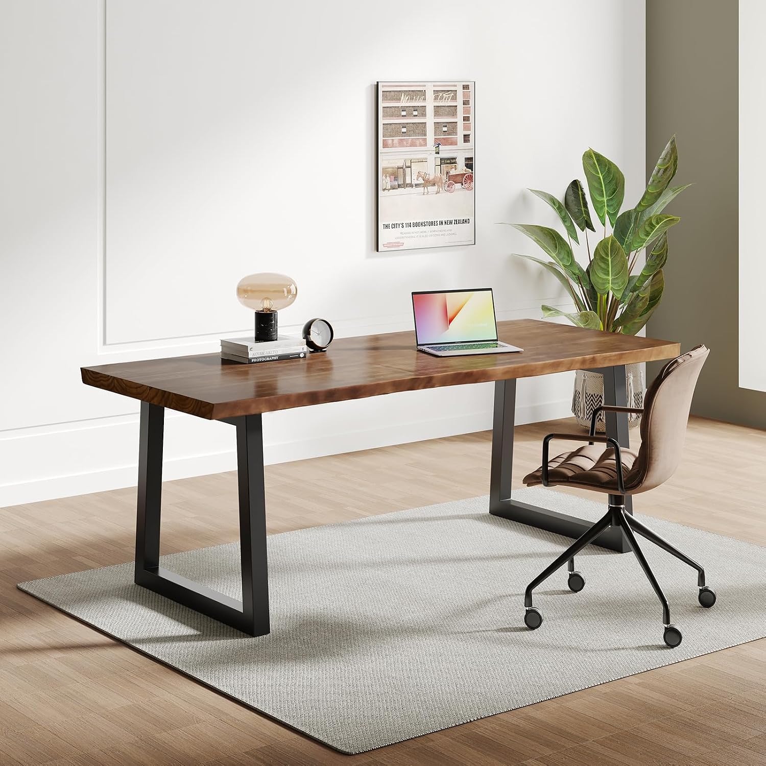 Sihtengxxhongs Solid Wood Computer Desk,Rustic Style 55-inch Large Office Desk- Modern Gaming Working for Home Office, Modern Simple Design, Ideal for Study, Writing, Dining