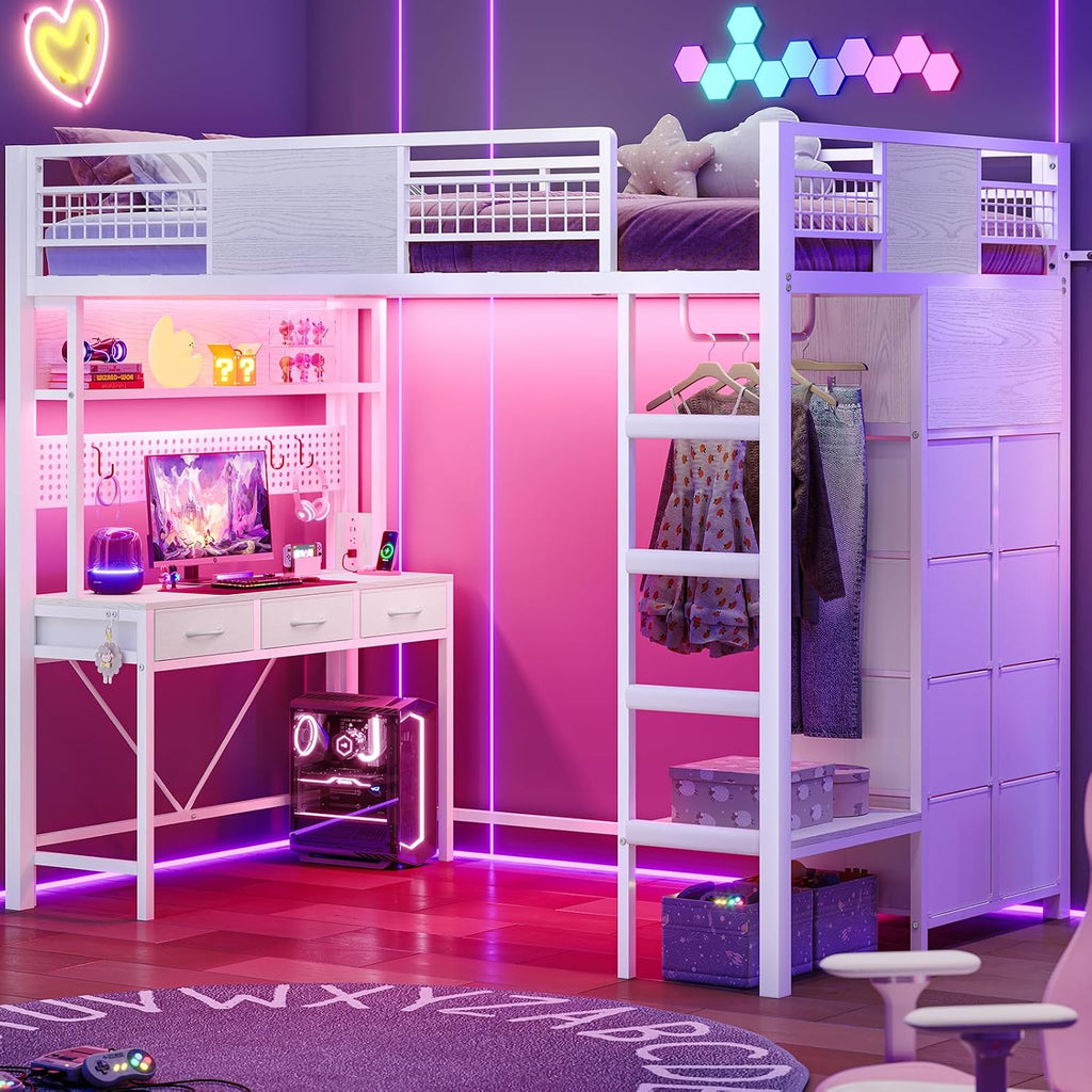 ADORNEVE Twin Size Loft Bed with Desk, 11 Storage Drawers & RGB LED Lights, Metal Loft Bed with Power Outlet, Shelves & Clothing Rack, 13.4' H Safety Guard & Paded Ladder, White