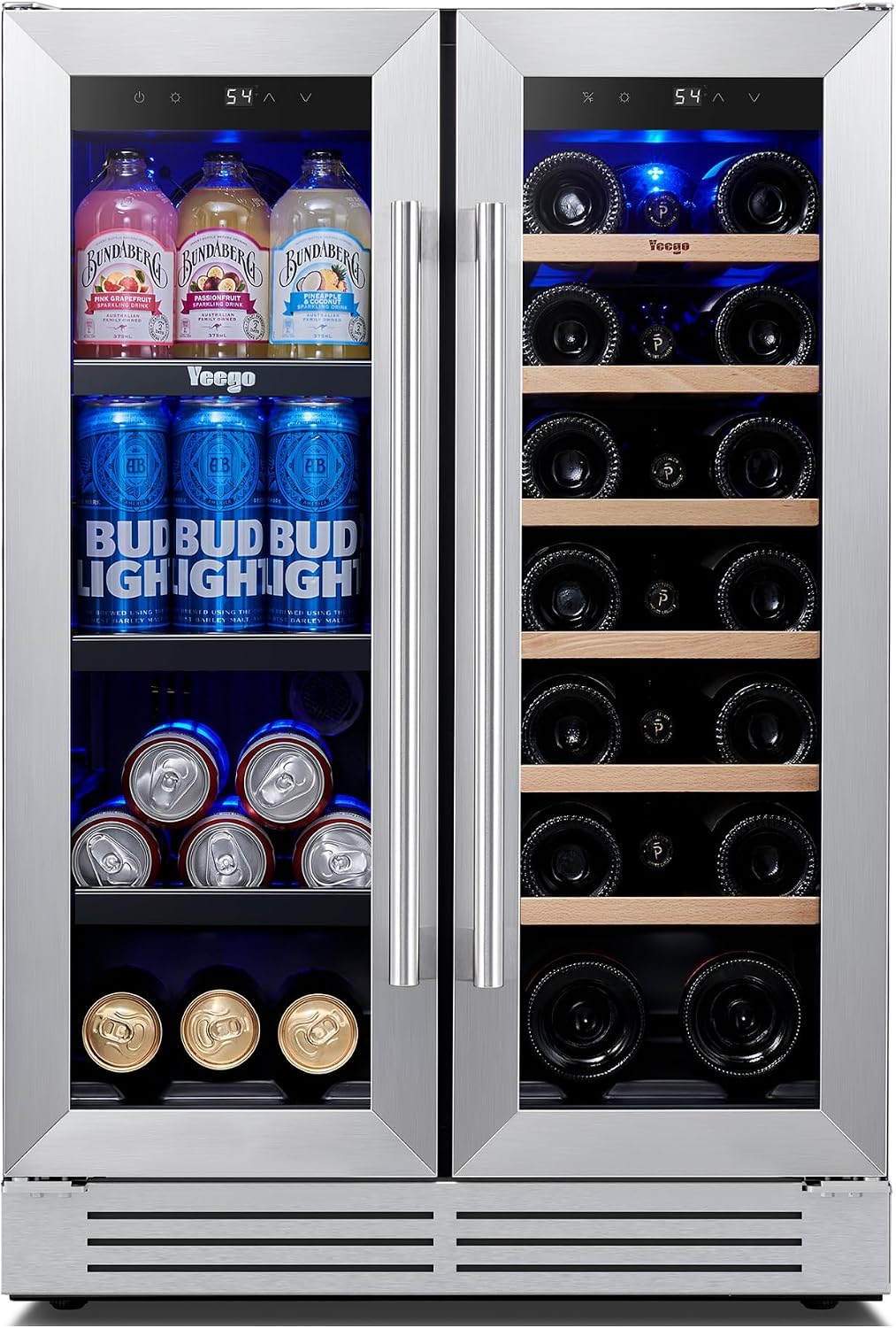 Yeego Wine and Beverage Refrigerator, 24 Inch Dual Zone Wine Fridge with Glass Door, 36-72℉ Beer Cooler Holds 20 Bottles and 60 Cans, Built-In or Freestanding Beverage Cooler for Home Bar Office