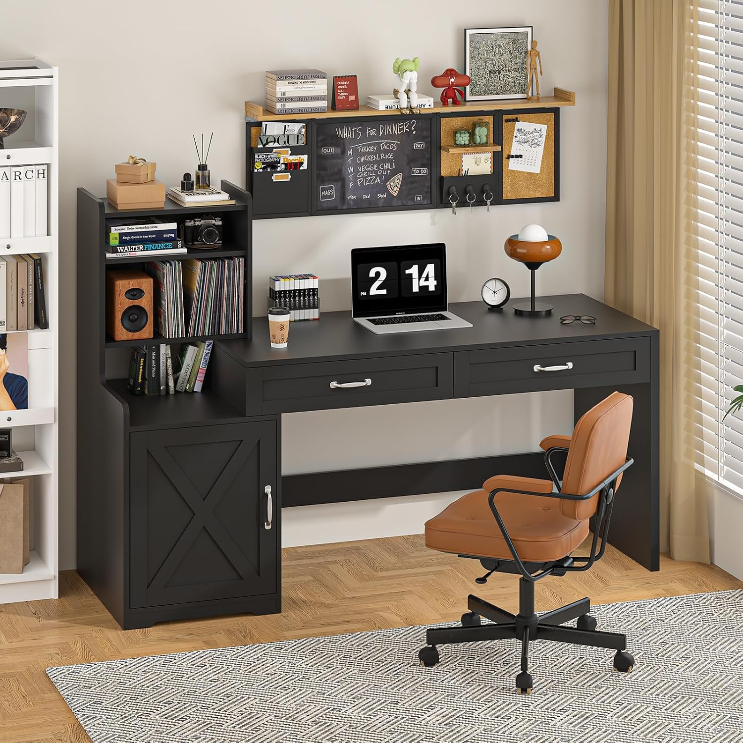 YOMILUVE 60' Computer Desk with 2 Drawer & Bookshelves, Home Office Desk with Storage Cabinet & Spacious Desktop, Writing Gaming Study Table with Bookcase, Black