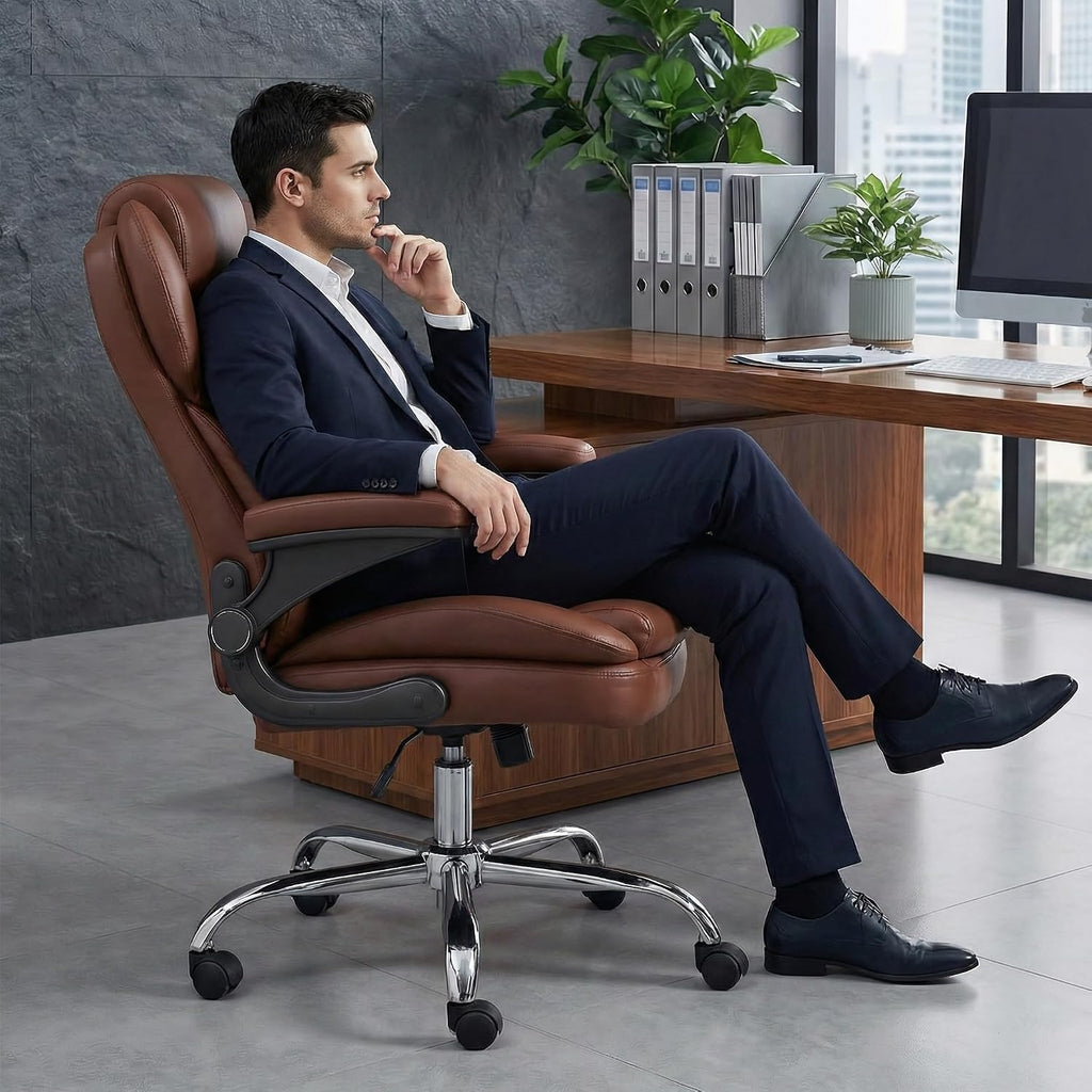 Office Desk Chair, Executive Leather Office Chair, High Back Ergonomic Home Desk Chair with Padded Flip-up Arms, Big and Tall Computer Chair with Rocking Function, 360°Swivel Free, Light Brown