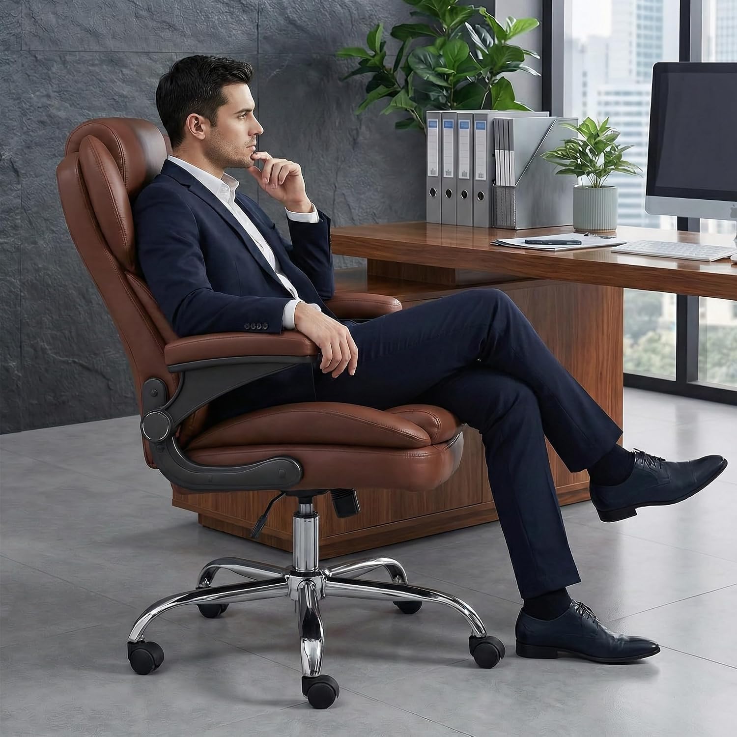 Office Desk Chair, Executive Leather Office Chair, High Back Ergonomic Home Desk Chair with Padded Flip-up Arms, Big and Tall Computer Chair with Rocking Function, 360°Swivel Free, Light Brown