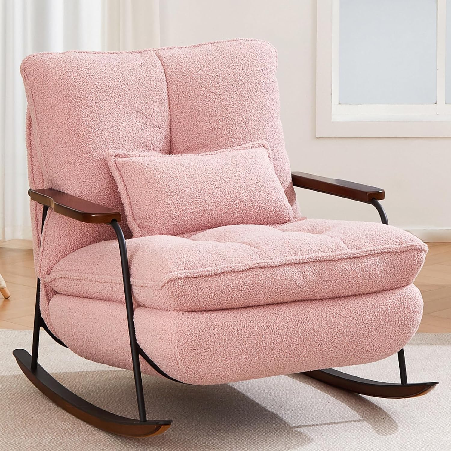zyz Nursery Rocking Chair with Pillow, Teddy Upholstered Oversized Accent Chair Rocker Recliner, Solid Wood Frame, DIY Ottoman Footrest, Lazy Sofa for Living Room Bedroom (Teddy, Pink)