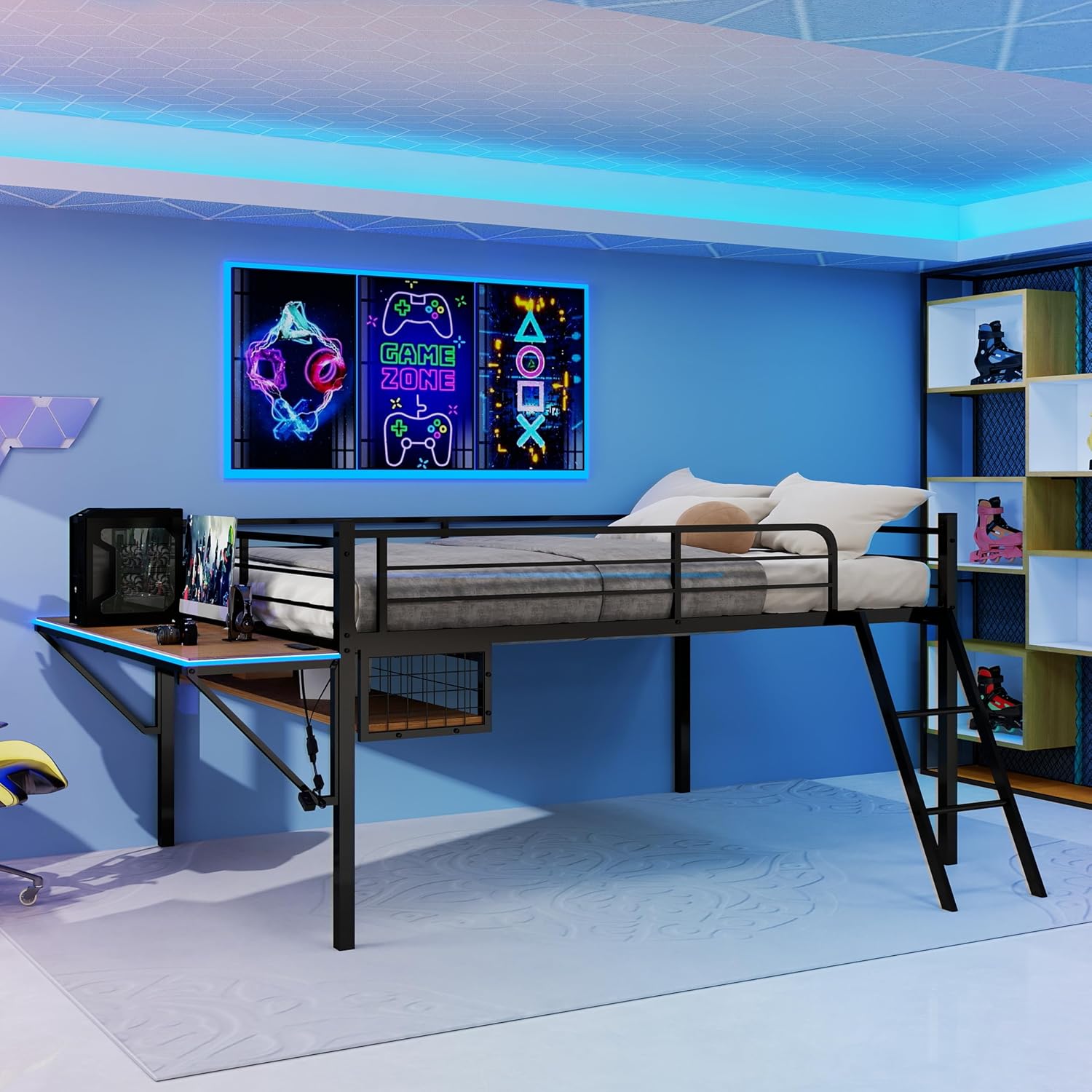 Linique Full Size Gaming Loft Bed with Desk, LED, Charging Station and Staircase, Metal Bed Frame with Vented Mesh Undercarriage Storage, Black + Light Brown