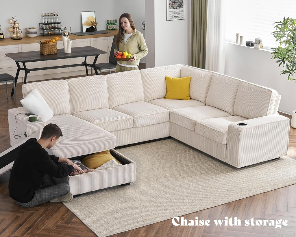 AMERLIFE 112 Inch U Shaped Couch, Oversized Couch with Storage Chaise & Cup Holders, Sectional Sofa with USB & Type-C Charging Ports, Corduroy Beige