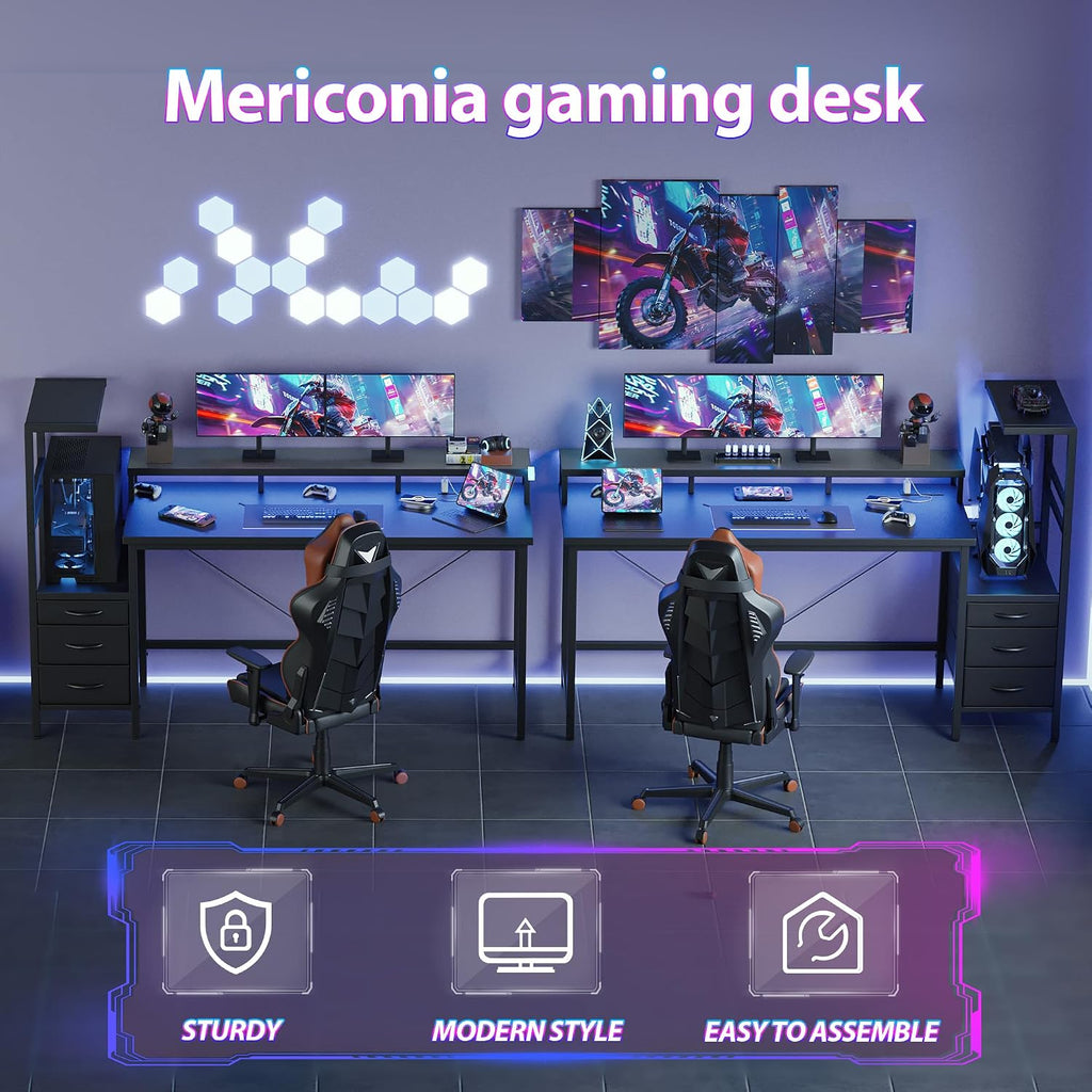 Mericonia Gaming Desk with Power Outlets & LED Lights, Reversible Computer Desk with PC Case Stand, Fabric Drawers, Modern Office Desk with Shelves, Monitor Stand