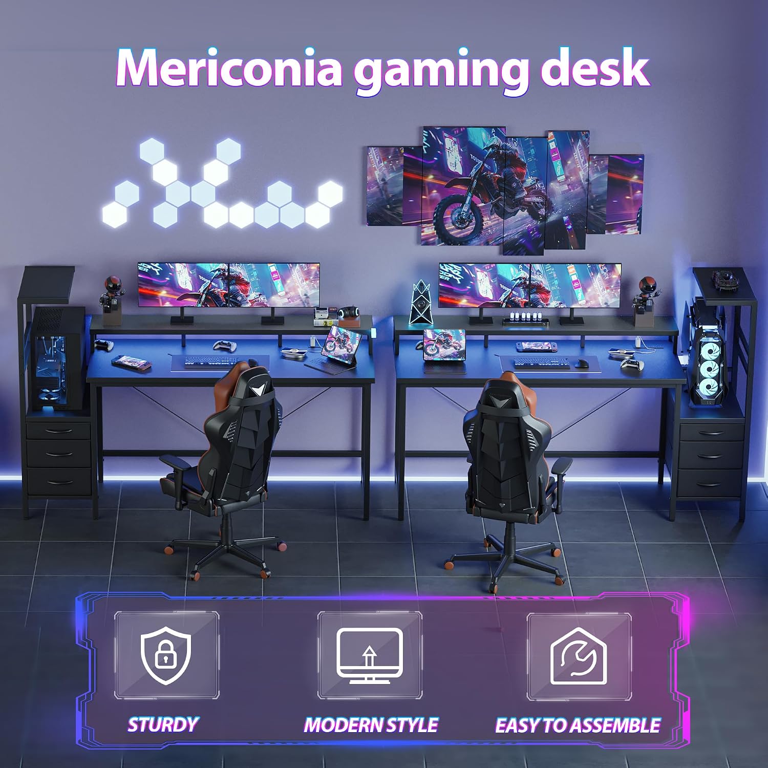 Mericonia Gaming Desk with Power Outlets & LED Lights, Reversible Computer Desk with PC Case Stand, Fabric Drawers, Modern Office Desk with Shelves, Monitor Stand