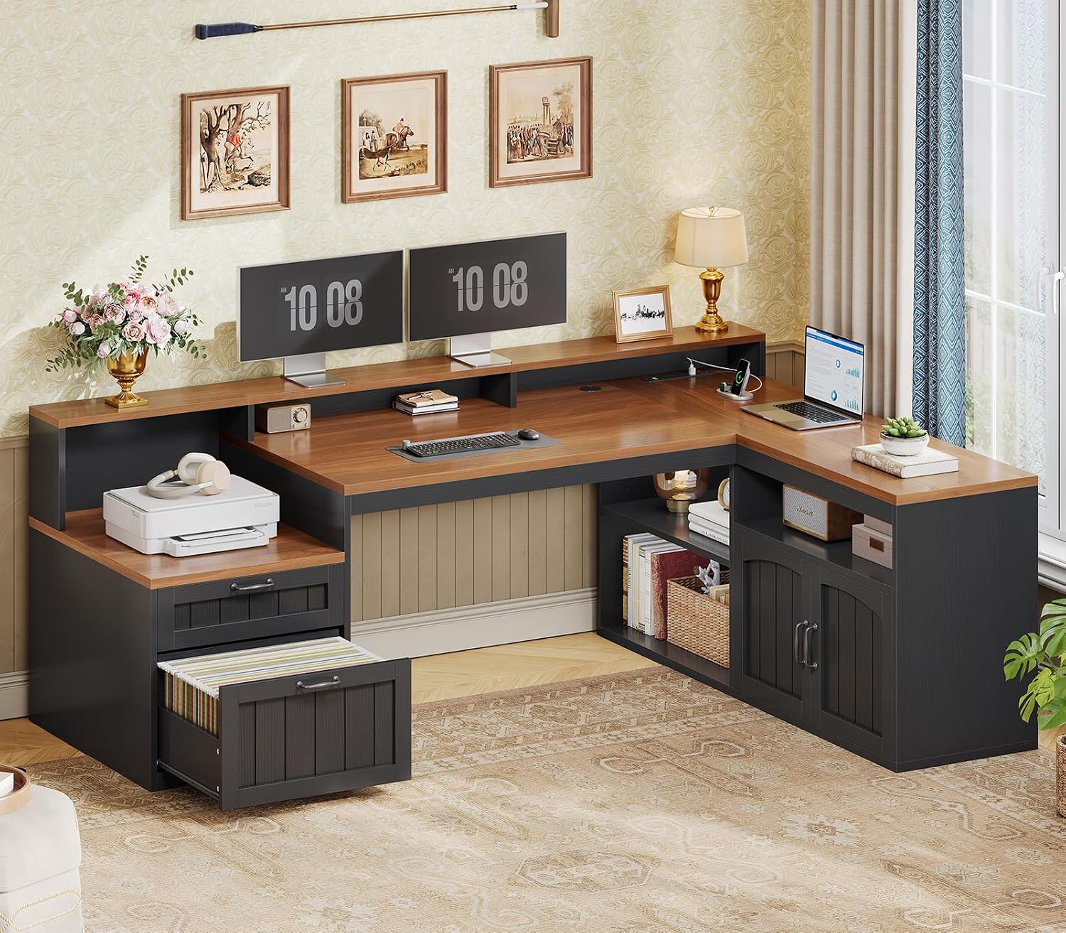 SEDETA 59' L Shaped Desk with Drawers, Farmhouse Corner Computer Desk, Wood Office Desk with File Drawers with Storage, Home Office Desks with Monitor Stand and Storage Cabinet, Brown and Black
