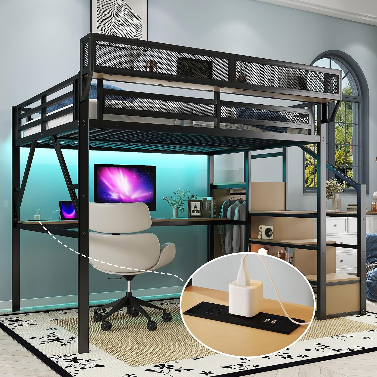 Queen Loft Bed with Desk, Stairs and Charging Station, Metal High Gaming Loft Bed Queen Frame with Storage Shelves, RGB Light & Closet, Heavy-Duty Beds for Adults,Teens, Kids, Black