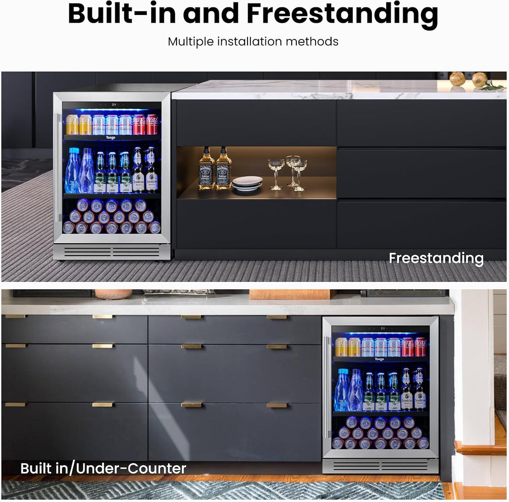 Yeego 24-Inch Built-In Beverage Refrigerator (2 Pack) - Large Capacity Drink Cooler with Glass Door, Auto Defrost Beverage & Wine Fridge for Cans and Bottles, Under Counter & Freestanding