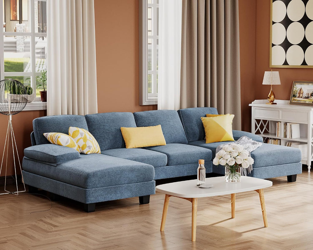 Furmax Sectional Couches for Living Room, U-Shaped Sofa Couch with Linen Fabric, 4 Seat Sofa Set with Double Chaise for Apartment (Fabric, Light Blue)
