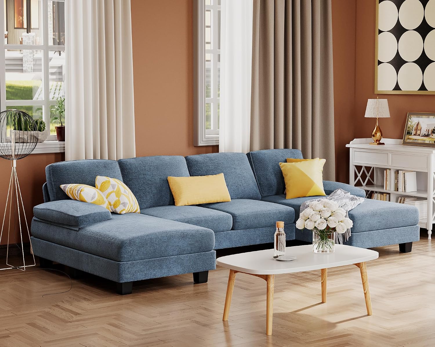 Furmax Sectional Couches for Living Room, U-Shaped Sofa Couch with Linen Fabric, 4 Seat Sofa Set with Double Chaise for Apartment (Fabric, Light Blue)
