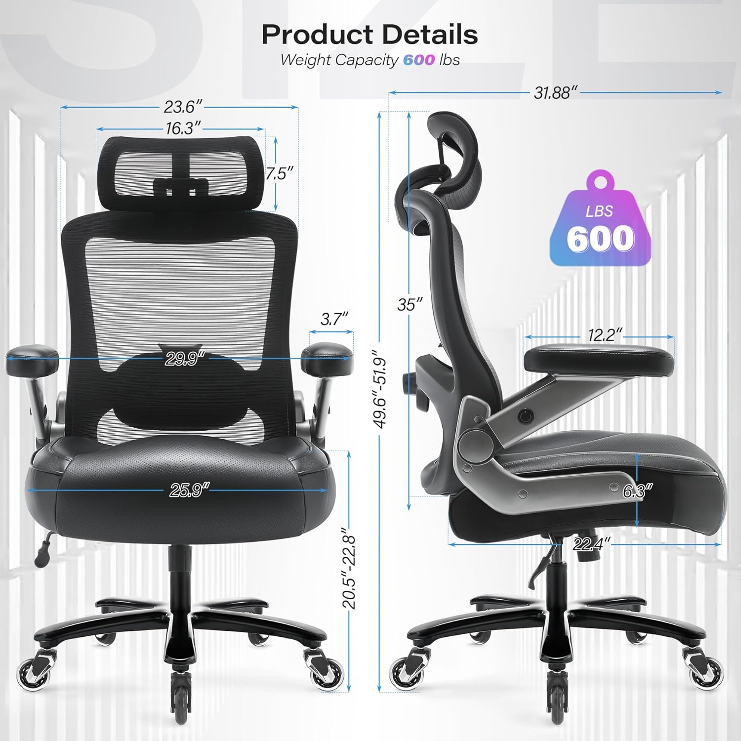 600lbs Big and Tall Office Chair- Heavy Duty Executive Computer Chair with 3D Flip Arms Large Wheels, Ergonomic Mesh High Back Desk Chair, Extra Wide Seat Adjustable Lumbar Support&Headrest