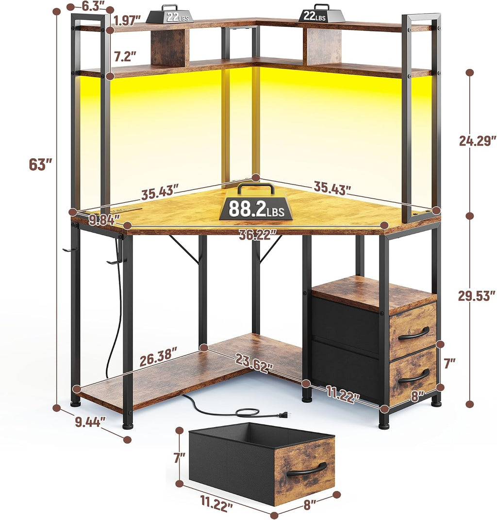 DurayLoly 35.4' W x 63' H Corner Desk with Hutch & LED Lights, Triangle Corner Desk and Computer Desk with Drawers for Storage & Shelves and Hook, Office Desk for Bedroom Small Space, Rustic Brown