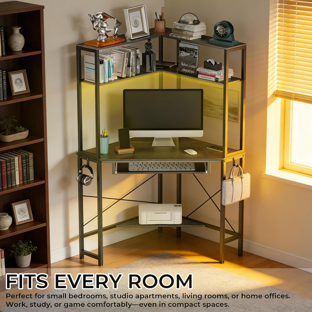 Corner Desk with Hutch and LED Lights, Corner Computer Desk with Keyboard Tray and Monitor Stand, Small Computer Desk for Small Spaces, Home Office（Carbon Black）