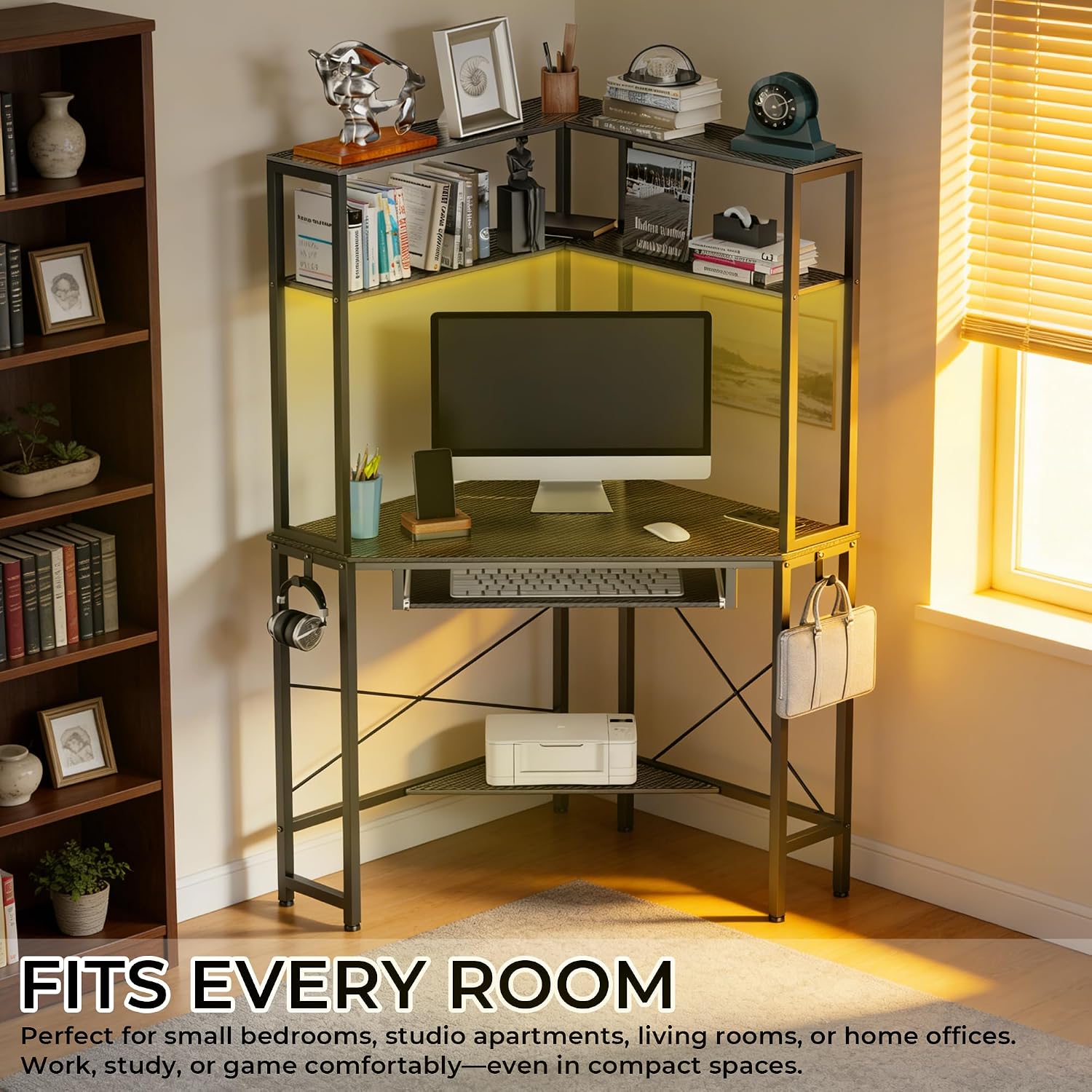 Corner Desk with Hutch and LED Lights, Corner Computer Desk with Keyboard Tray and Monitor Stand, Small Computer Desk for Small Spaces, Home Office（Carbon Black）