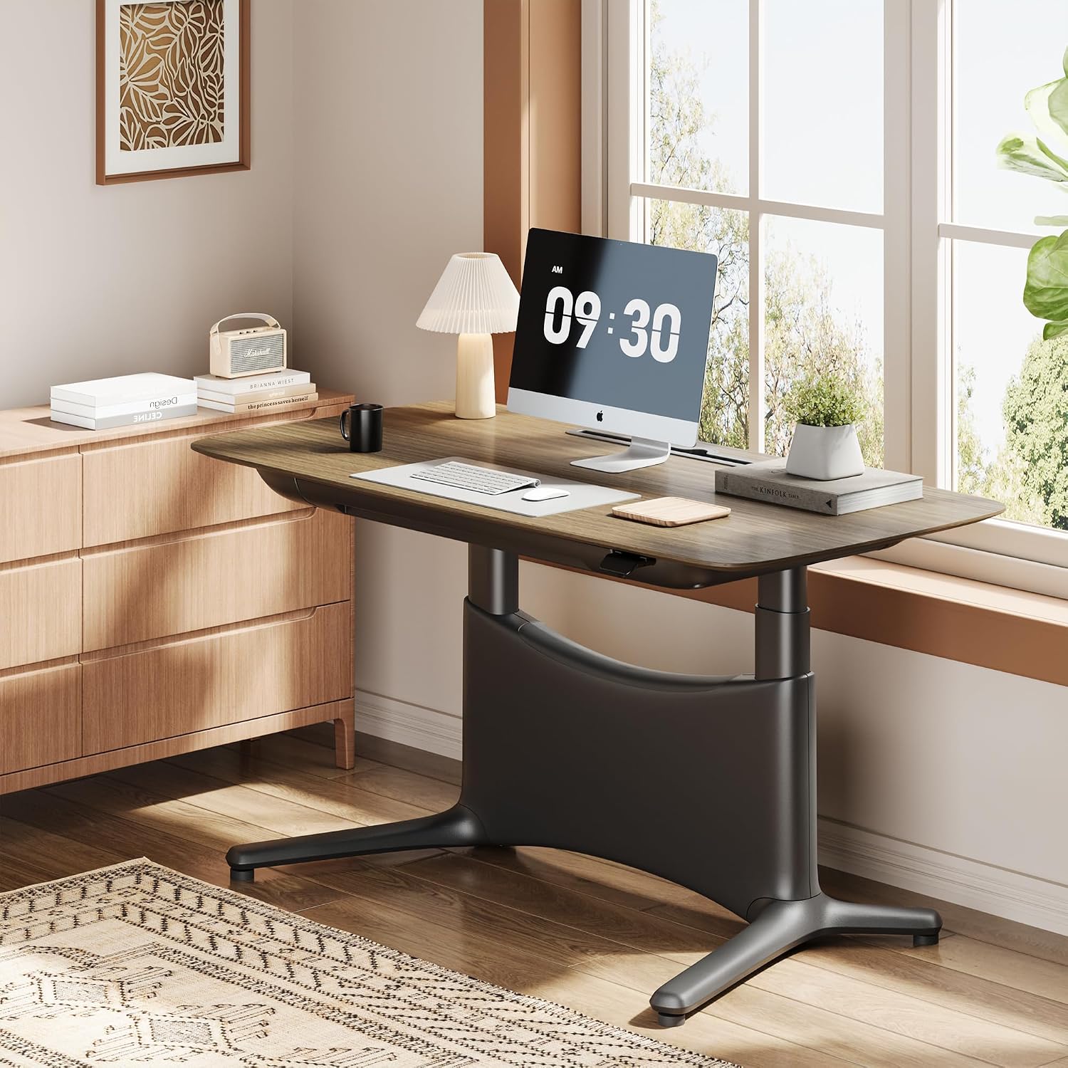 COLAMY Electric Standing Desk 55x28 Inch, Wobble-Free Dual Motor Sit Stand Up Home Office Computer Desk, One Piece Motorized Workstation Gamer Studio Table, Outlets & Footrest,Walnut Black