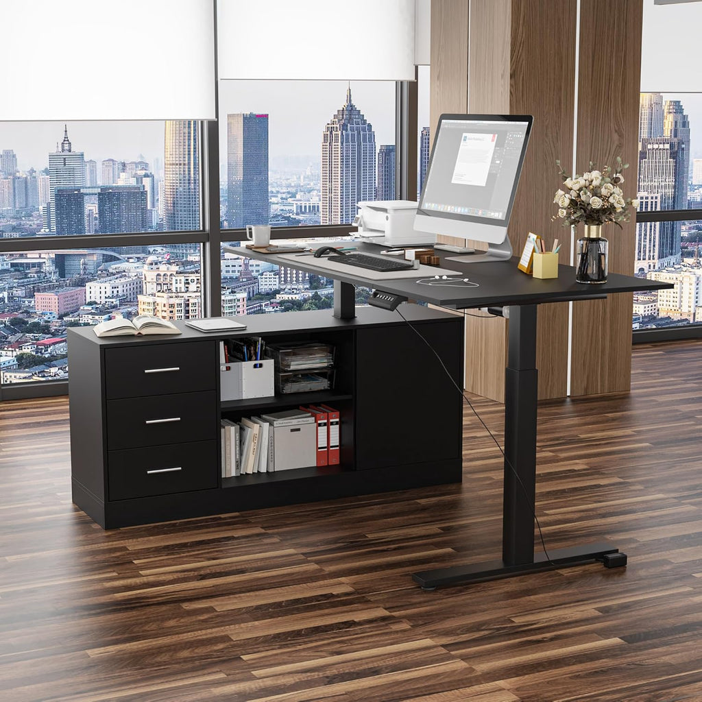 Homsee Home Office L Shaped Electric Standing Desk with Drawers and Shelves, Height Adjustable & Shape Reversible Stand up Desk, 63' Computer Executive Corner Table, Black