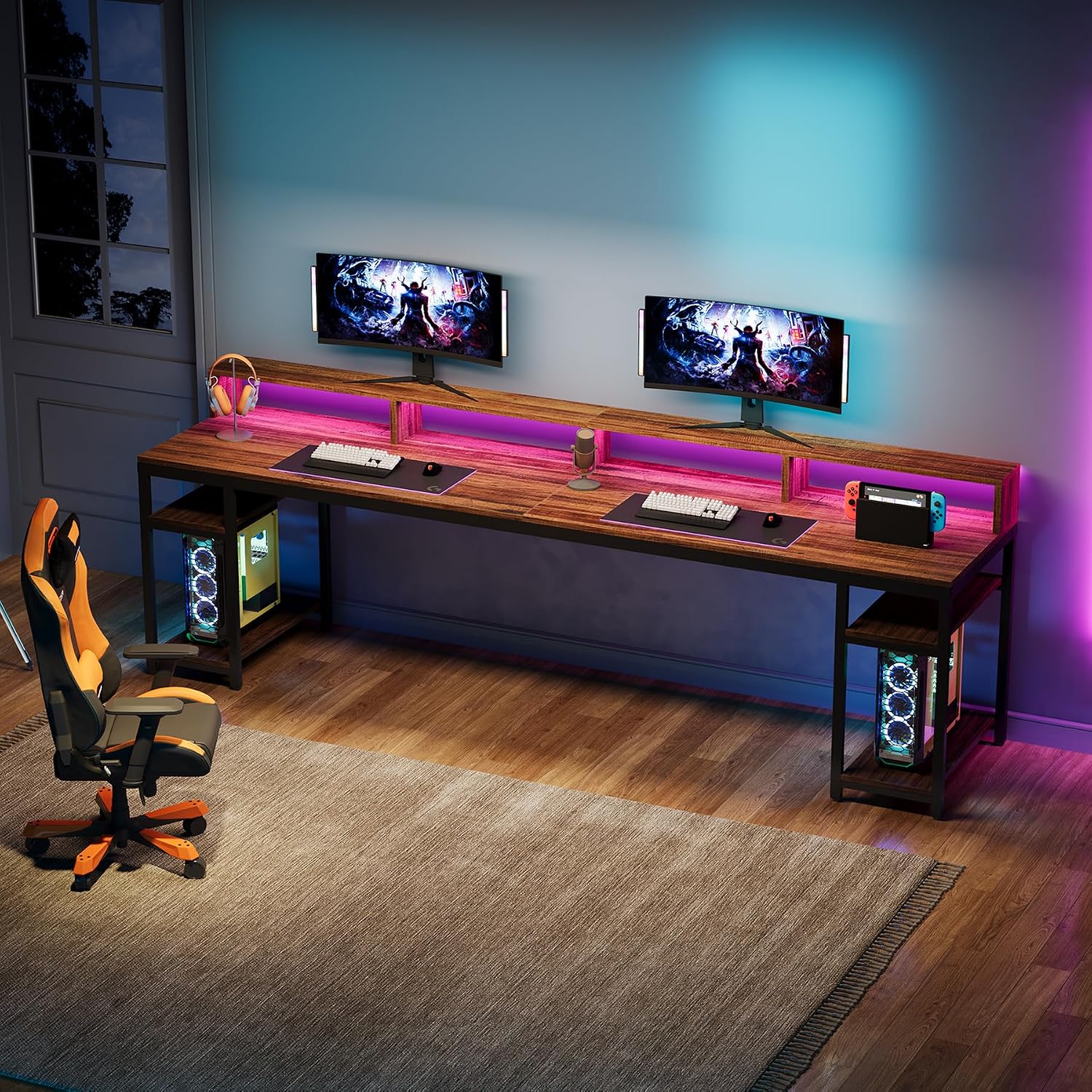 Tribesigns 78.74 Inches Extra Long Two-Person Desk, Double Computer Desk with Monitor Stand and Storage Shelves, Study Work Table for Home Office (Rustic Brown)