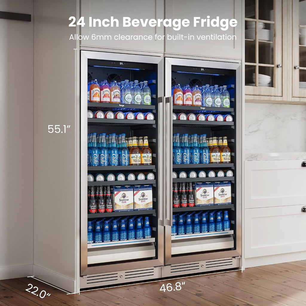 Yeego Beverage Refrigerator 48 inch -2PCS Capacity Beverage Cooler, Upgraded Beverage Refrigerator Freestanding or Built-In, Drink Cooler for Soda, Water, Beer or Wine - For Kitchen, Bar or Office