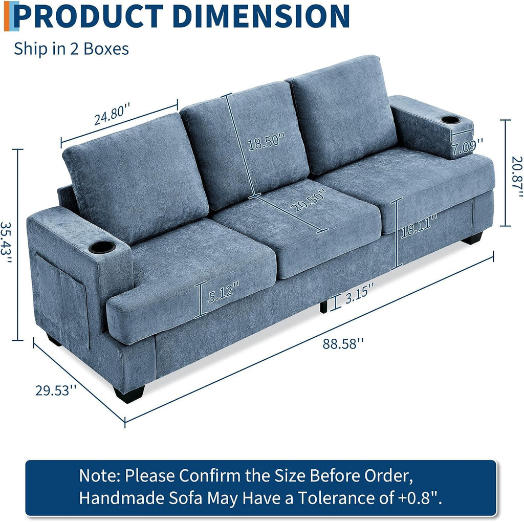 GarveeHome Modern 89 in 3-Seater Sofa for Living Room, Comfy Couches with Deep Seat, Chenille Couch with Cup Holders and Side Storage Pockets for Apartment Lounge, Blue