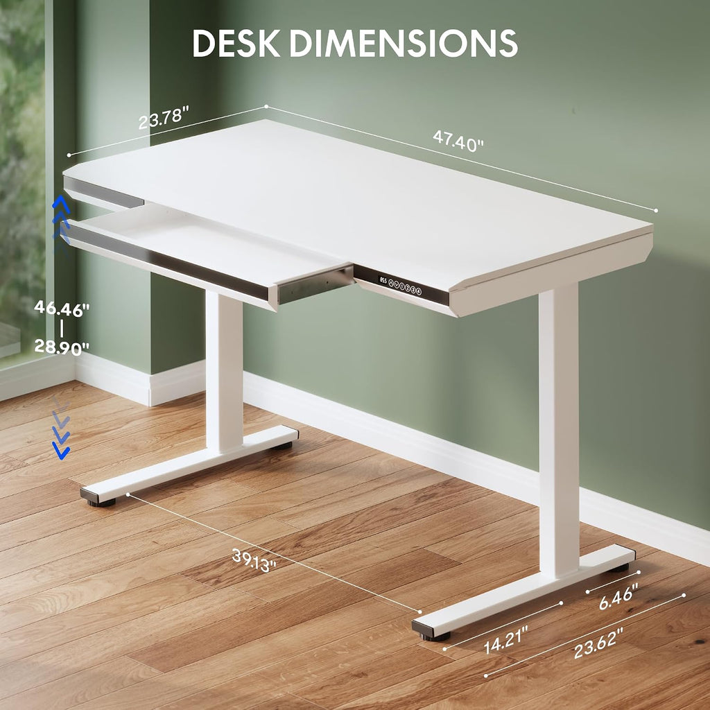 FLEXISPOT One-Piece 48' Standing Desk with Acrylic-Front Drawer, Fast-Assembly Ergonomic Sit-to-Stand Desk with MDF Top, 4 Height Memory Presets Touch-Control, Home Office Computer Workstation, White
