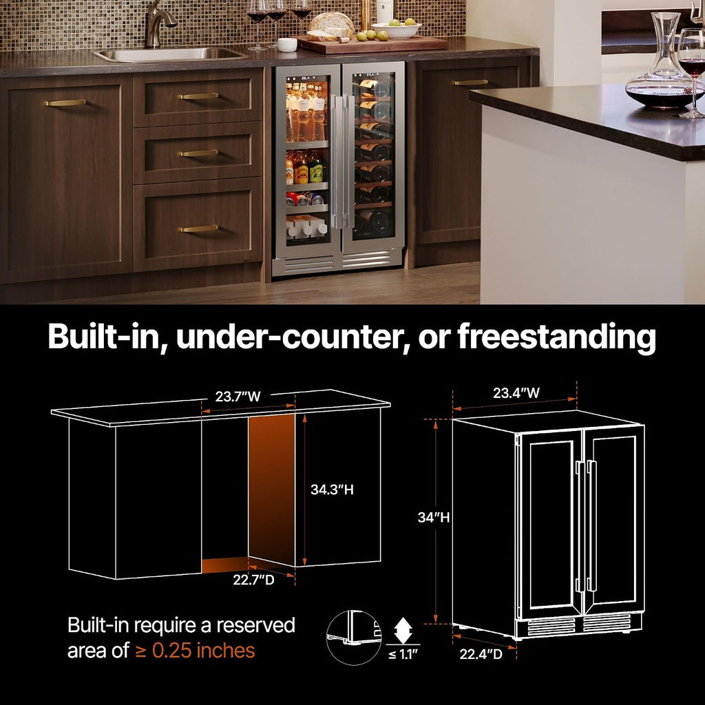 Ca'Lefort 24 Inch Wine and Beverage Refrigerator, 60 Cans 20 Bottles Dual Zone Cooler with Glass Door, 3 LED Built-in Compressor Fridge with Adjustable Shelves for Home Office Bar (4.1 cu.ft)