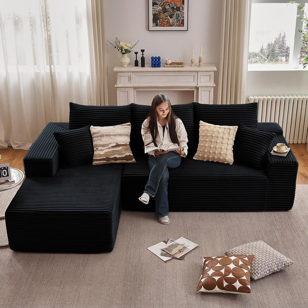 107' Cloud Sectional Couch with L-Shape Chaise, Modern Modular Comfy Sofa with Deep Seat, Upholstered Corduroy Couches Sleeper Chaise Longue for Living Room Bedroom, No Assembly Required, Black