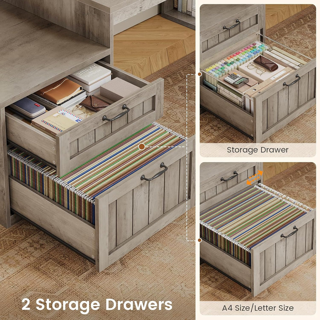 SEDETA Farmhouse L Shaped Desk with Drawers, 59' Office Desk with File Drawers, Wood Corner Computer Desk with Storage, Home Office Desks with Storage Cabinet and Monitor Stand, Grey