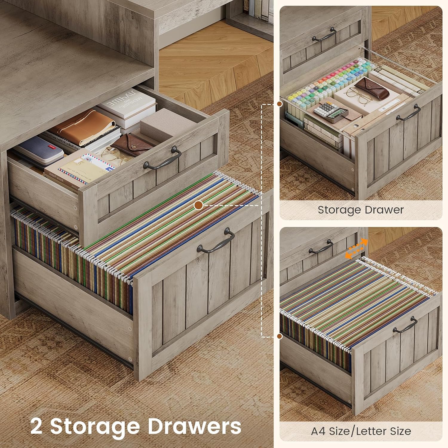 SEDETA Farmhouse L Shaped Desk with Drawers, 59' Office Desk with File Drawers, Wood Corner Computer Desk with Storage, Home Office Desks with Storage Cabinet and Monitor Stand, Grey