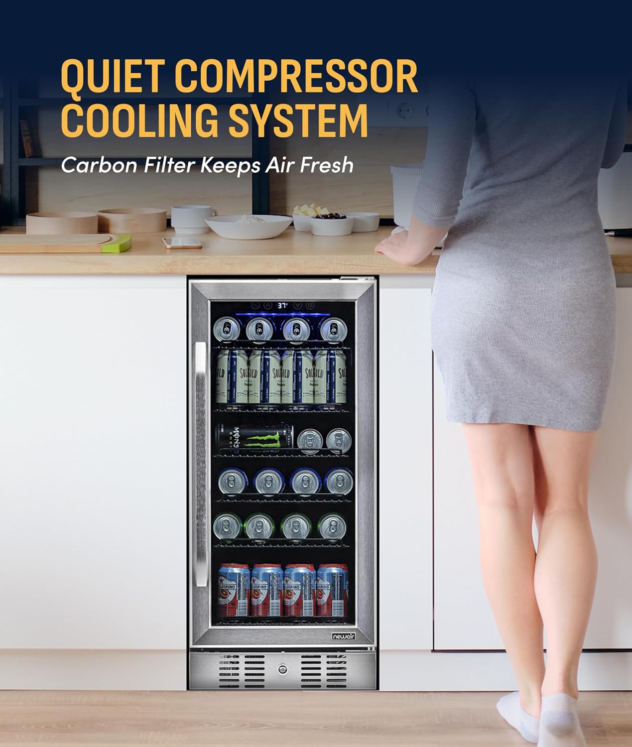 NewAir 96 Can Built-In Beverage Refrigerator | 15' Small Mini Fridge for Bedroom, Home Bar or Office | Quiet Cooling & Precise Temperature Control | Stainless Steel