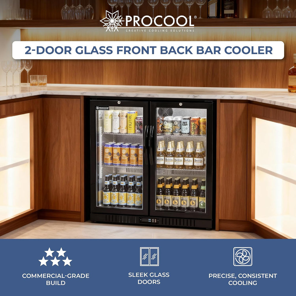Procool 2-Door Counter Height Beverage Refrigerator - 36' Wide Energy Efficient Black Bar Fridge With Glass Doors & LED Lighting - Commercial Back Bar Cooler