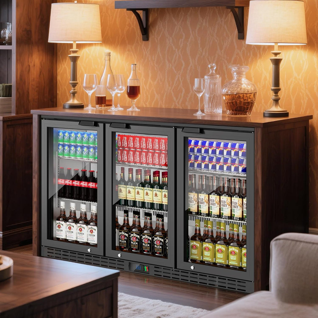 Coolake 53' Back Bar Cooler with 3 Glass Doors, 11.7 cu.ft Commercial Under Counter Height Beverage Refrigerator, Stainless Steel Beer Fridge with LED Lighting for Soda Drinks, Beer, Wine