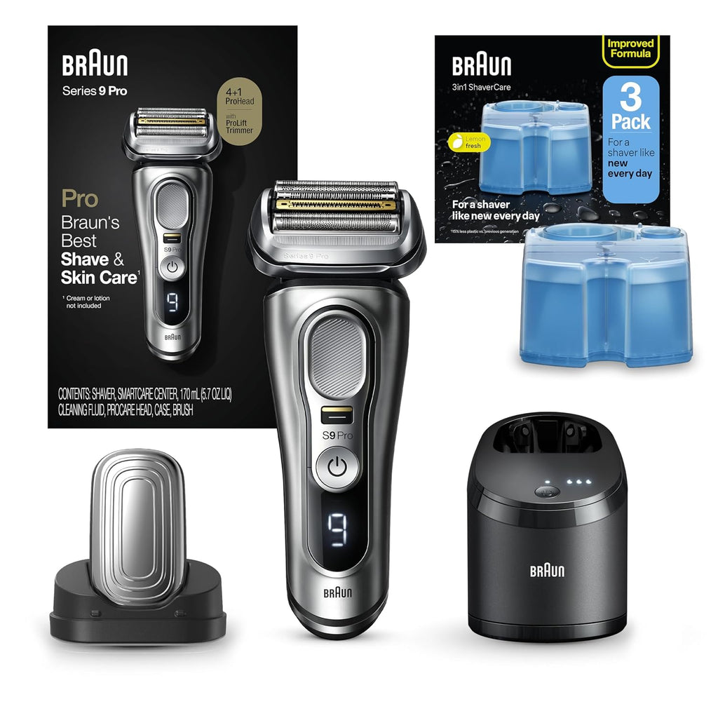 Braun Series 9 Pro 9487cc Electric Razor for Men, Wet & Dry, Rechargeable, Electric Shaver with Clean & Charge Station and ProCare Attachment w/ Clean & Renew Refill Cartridges CCR, 3 Pack