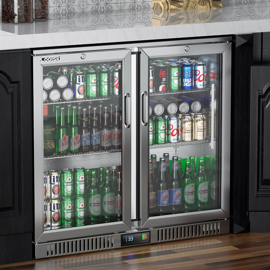 Coolski 36 Inch Back Bar Cooler, Under Counter Beverage Refrigerator with Glass Doors, Commercial Counter Height Display Fridge for Beer Soda, 7.4 Cu.Ft. Capacity/LED Lighting/ETL NSF Approved