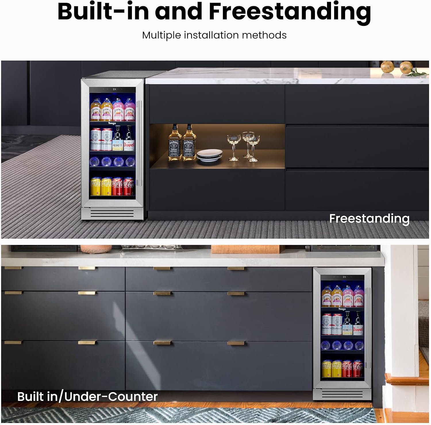 Yeego 15 Inch Beverage Refrigerator, Beverage Cooler Stainless Steel Refrigerator Built-in or Freestanding, Small Wine Fridge with Glass Door, Drink Fridge for Beer, Soda, Wine (Left-Hinged)